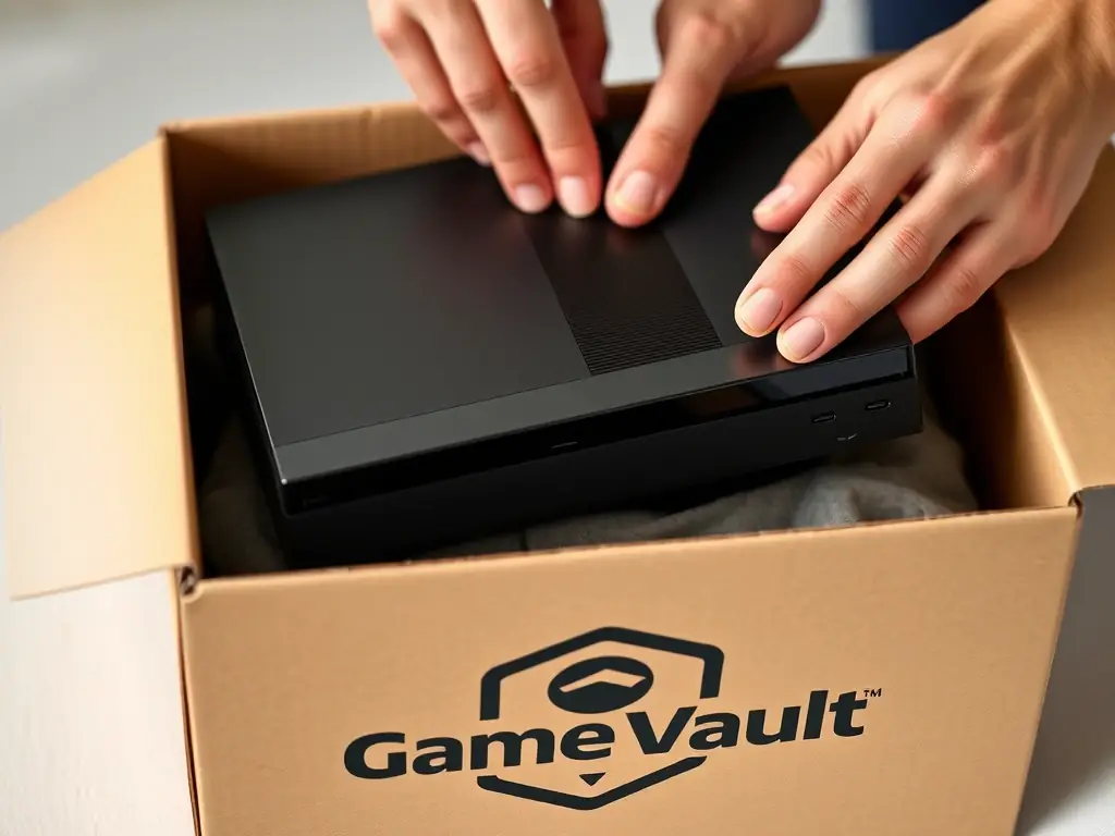 A close-up shot of a video game console being carefully packaged in a box with the Game Vault logo, emphasizing the care in handling and fast shipping.