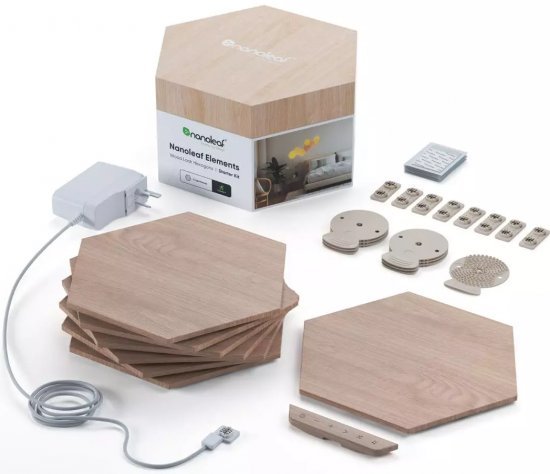 ערכת בסיס לוחות תאורה חכמים במראה עץ Nanoleaf Elements - צורת משושה - 7 יחידות