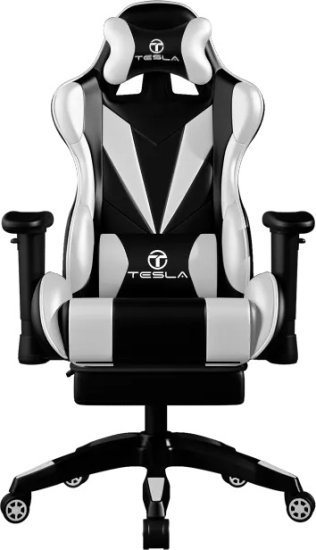 כיסא גיימינג דגם Tesla 7051 בצבע לבן־שחור עם כרית עיסוי חשמלית והדום נפתח