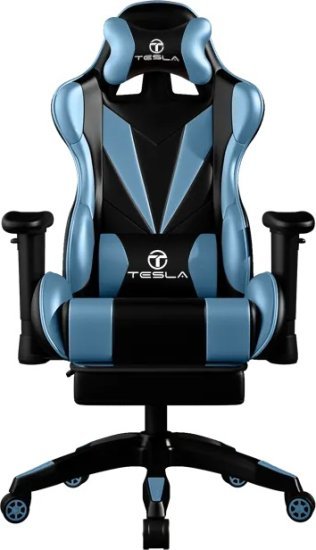 כיסא גיימינג דגם Tesla 7051 בצבע כחול־שחור עם כרית עיסוי חשמלית והדום נפתח