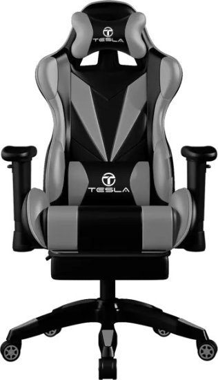 כיסא גיימינג דגם Tesla 7051 בצבע אפור־שחור עם כרית עיסוי חשמלית והדום נפתח