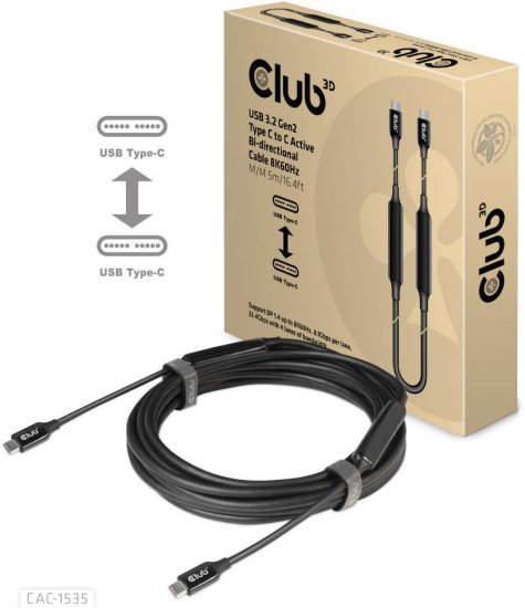 כבל USB 3.2 Type-C דו-כיווני אקטיבי Club3D 8K60Hz VR PD 60W Male CAC-1535 - אורך 5 מטר