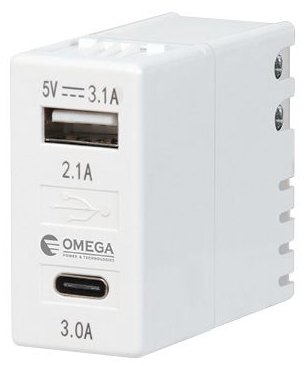 מטען שקע USB-A + USB-C לקיר תואם קופסת 1 מקום גוויס 3.1A מבית Omega - צבע לבן