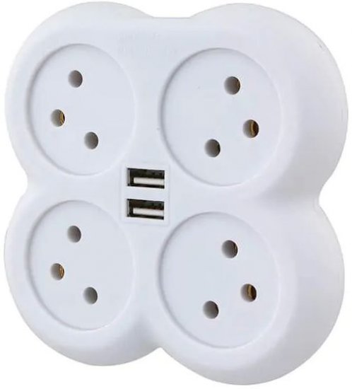 מפצל ביתי 4 שקעים פרפר + 2 חיבורי Semicom SW-ADP4 / U USB