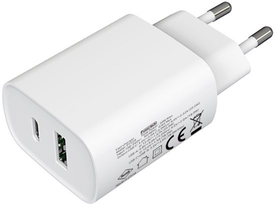 מטען קיר 20W עם כניסות USB-Type C + USB-A מבית Power-Tech - צבע לבן