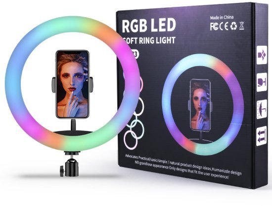 טבעת תאורת לד לסלפי צבעונית ניתנת לעמעום קוטר 36 ס''מ כולל 3 מעמדים ובקר דגם Power-Tech - MJ36