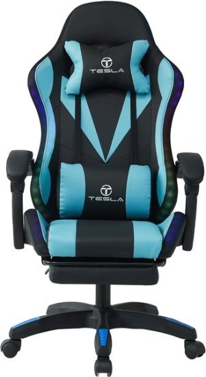 כיסא גיימינג כולל תאורת LED, כרית עיסוי חשמלית והדום נפתח לרגליים דגם 7031 מבית Tesla - צבע כחול